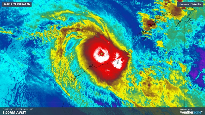 Image: Enhanced infrared satellite image showing Severe Tropical Cyclone Zelia near WA on Thursday. Source: Weatherzone.