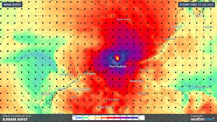 Image: Modelled wind gusts near WA's north coast on Friday morning. Source: Weatherzone.