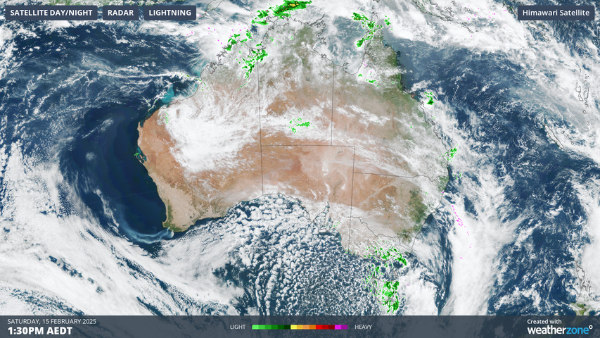 Image: Himawari-9 Satellite image, BOM radar, and Weatherzone lightning Saturday 15th. Source: Weatherzone