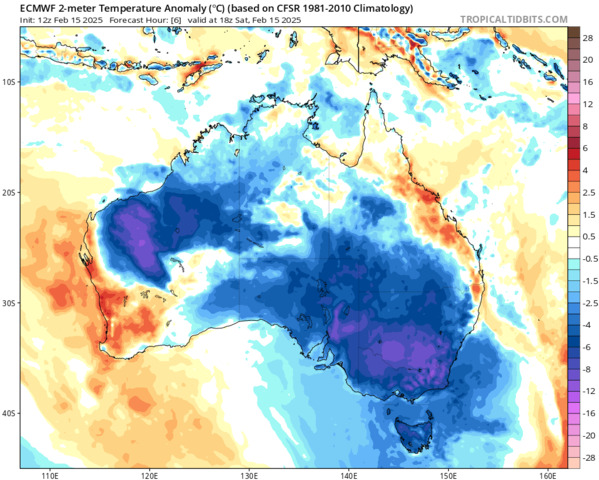 Image: European model 2-m temperature anomaly at 5am EDT Sunday 16th. Source: tropicaltidbits.com, ECMWF