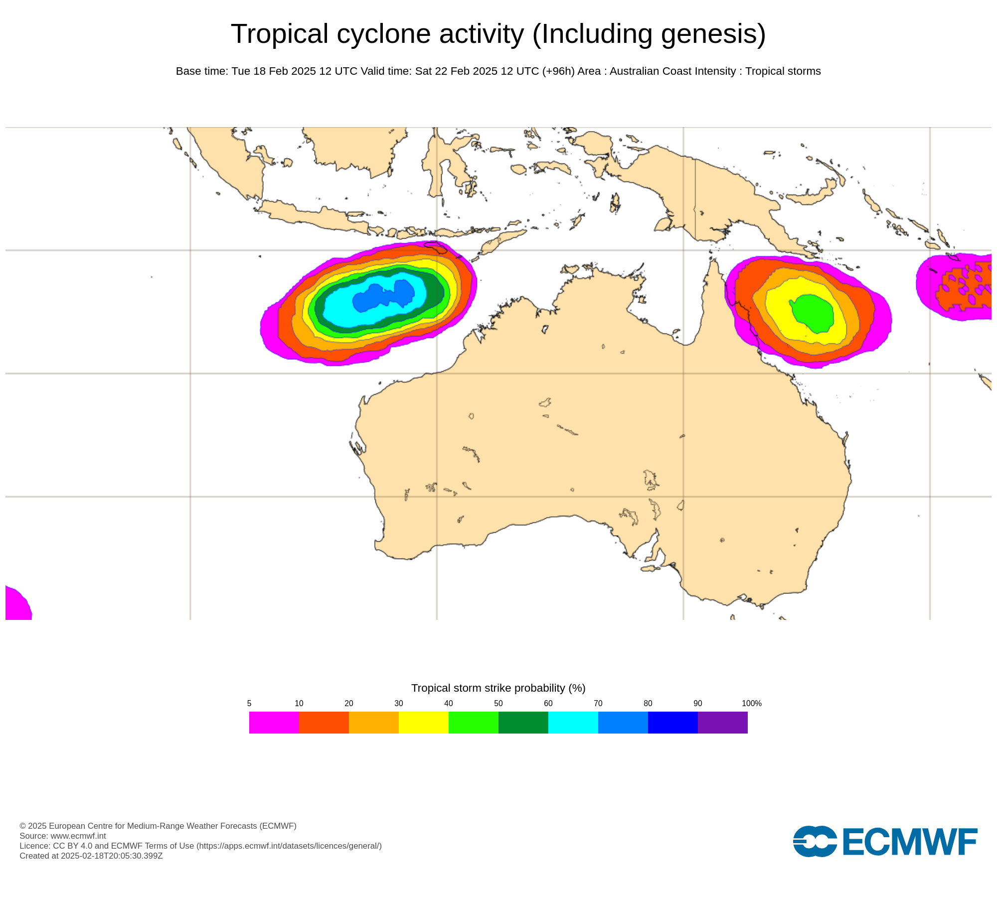 Image: Tropical cyclone probability towards the end of this week. Source: ECMWF.