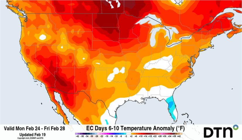 Image: Very cold air will be on its way out this weekend, replaced by above-normal temperatures next week for most of the U.S.. Source: DTN.