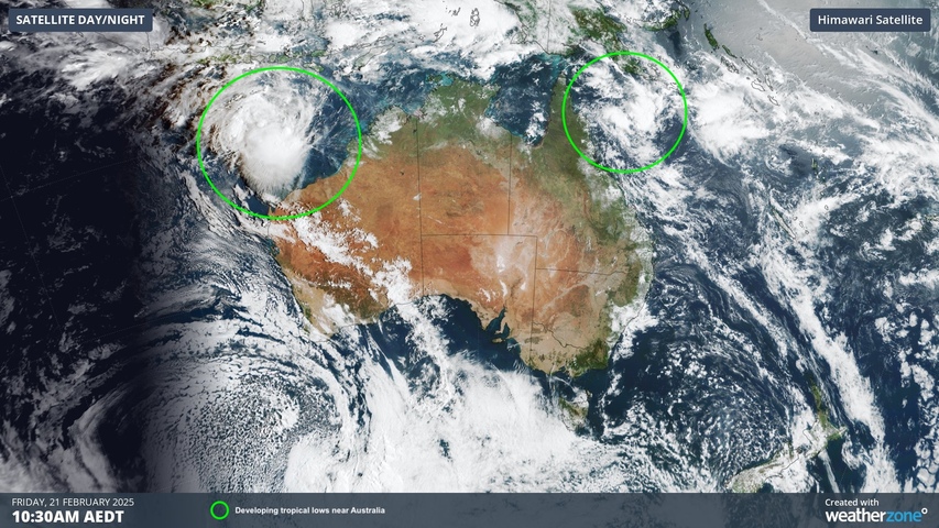 Image: Satellite image showing areas of cloud near two developing tropical lows near northern Australia.. Source: Weatherzone.