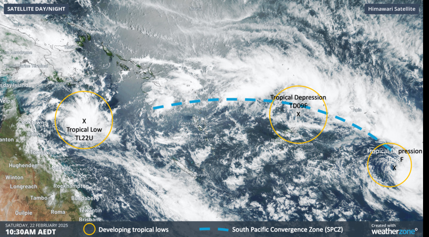 Image: Satellite image on Saturday, February 22, showing the South Pacific Convergence Zone (SPCZ) and three tropical systems of interest over the Coral Sea and Pacific Ocean.. Source: Weatherzone