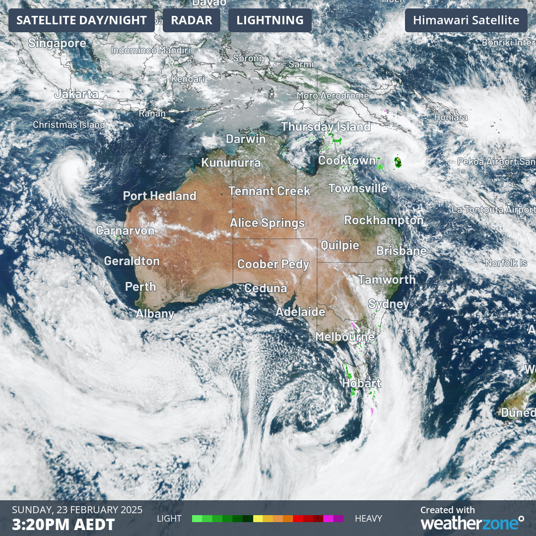 Image: Satellite image on Sunday 23rd Feb showing three low pressure systems around Australia. Source: Weatherzone 