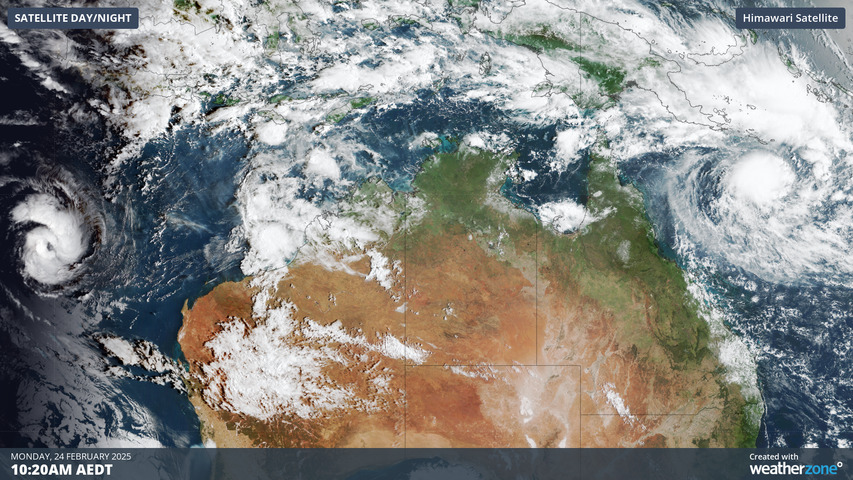 Image: Infrared satellite imagery showing two cyclones in the Australian region on Monday morning. Source: Weatherzone