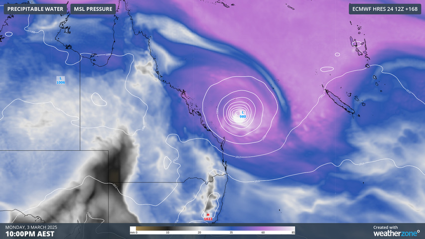 Image: Modelled mean sea level pressure and precipitable water next Monday night. Source: Weatherzone.