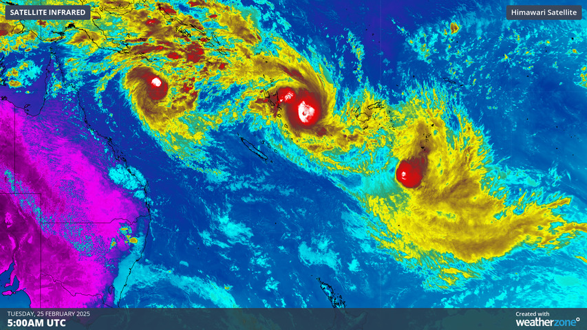 Image: Infrared satellite image showing three tropical cyclones over the South Pacific on Tuesday. Source: Weatherzone.