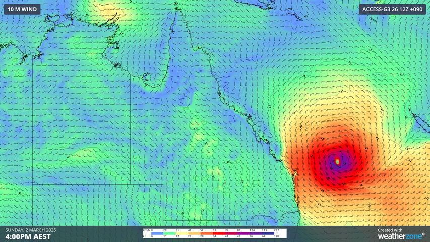 Image: Instantaneous wind gusts at 4pm on Sunday, March 02, according to Access-G. Source: Weatherzone