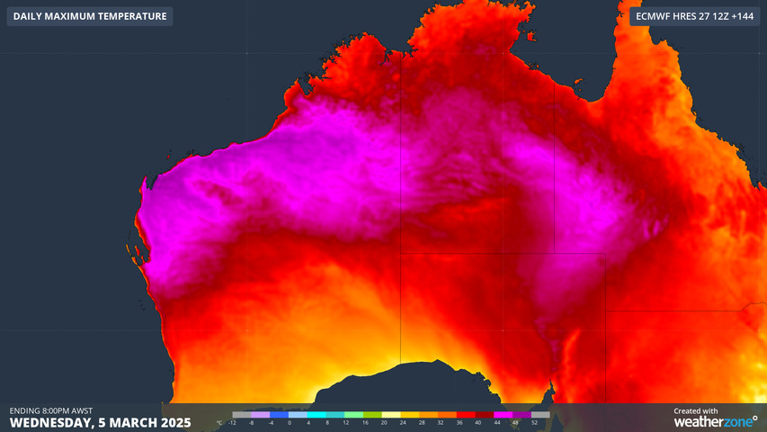 Image: Forecast maximum temperature on Wednesday, March 5. Source: Weatherzone.