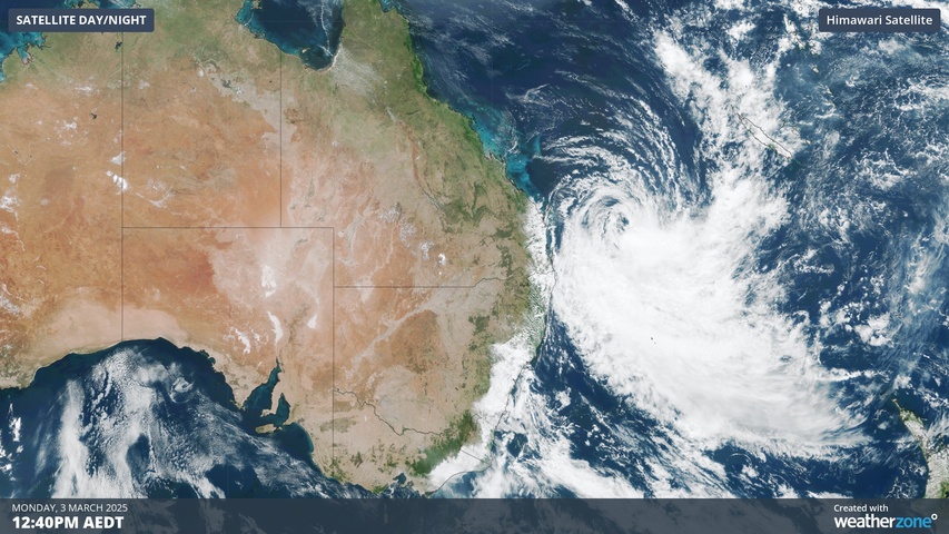 Image: Visible satellite image showing Tropical Cyclone Alfred near eastern Australia on Monday. Source: Weatherzone.