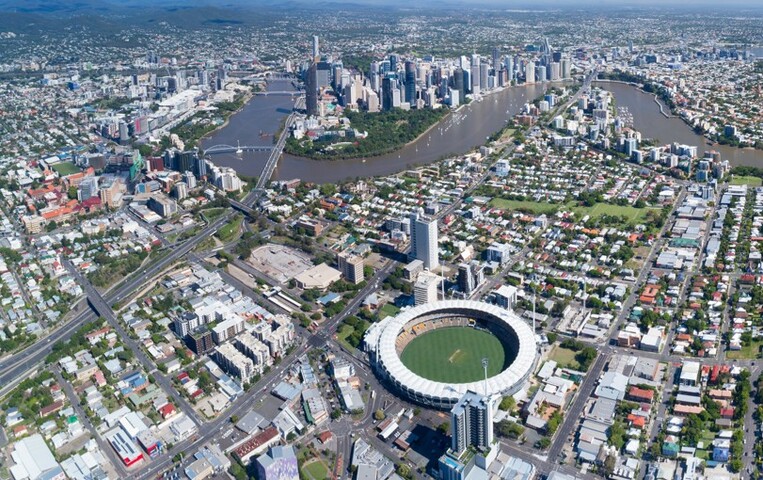 Image: The Gabba, site of the scheduled 2025 AFL season opener between Brisbane and Geelong, with the Brisbane CBD in the background. Source: iStock/4FR