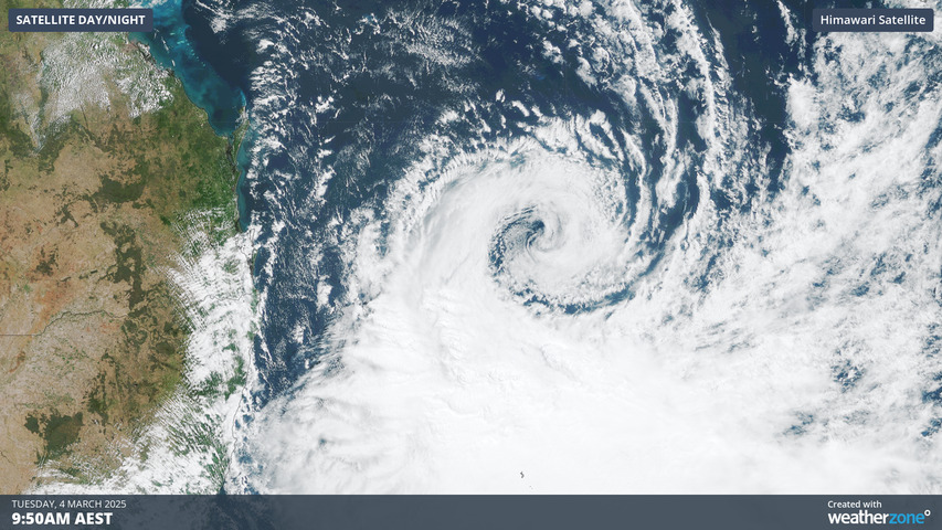 Image: Satellite image showing Tropical Cyclone Alfred off the southern Qld coast on Tuesday morning. Source: Weatherzone