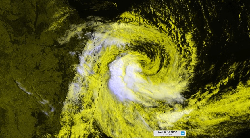 Image: Composite visible-infrared satellite image showing Tropical Cyclone Alfred on Wednesday morning. Source: Weatherzone.