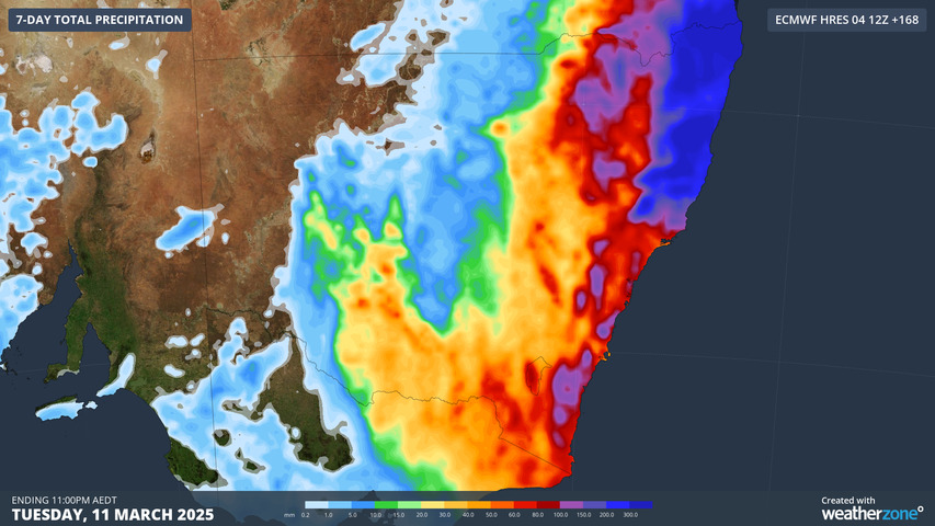 Image: Accumulated 7-day rainfall to 11pm AEDT on Tuesday, March 11, according to ECMWF. Source: Weatherzone