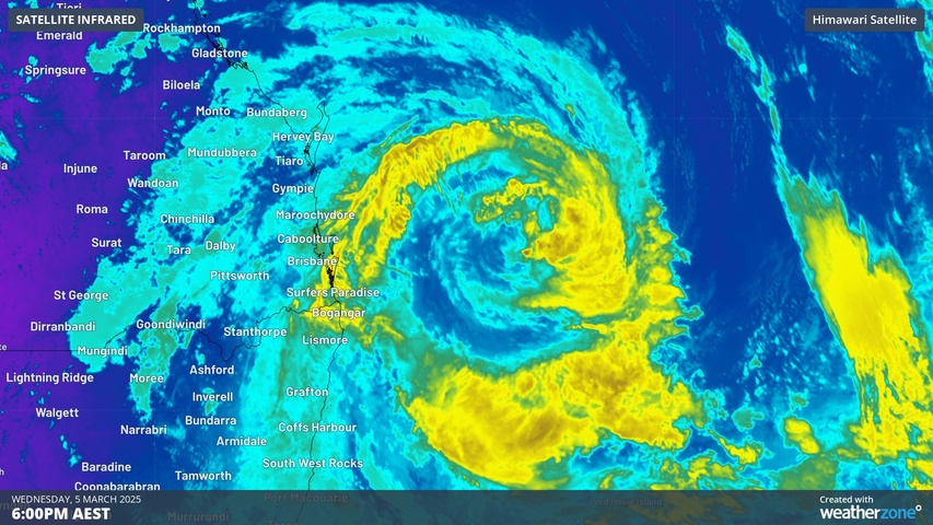 Image: Enhanced infrared satellite image showing clouds around Tropical Cyclone Alfred on Wednesday. Source: Weatherzone.