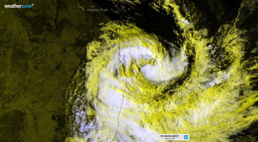 Image: Composite visible/infrared satellite image showing Tropical Cyclone Alfred on Friday morning. Source: Weatherzone.