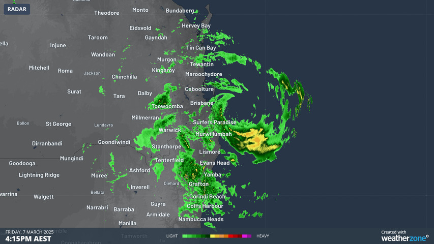 Image: Radar imagery showing rain around Tropical Cyclone Alfred on Friday. Source: Weatherzone.