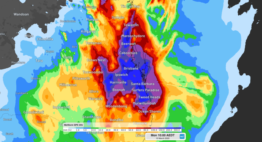 Image: Observed rainfall in the Brisbane area in the 24 hours to 9am Monday, March 10 AEST. Source: Weatherzone