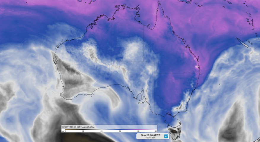 Image: Modelled precipitable water showing copious atmospheric moisture over eastern Australia on Sunday night. Source: Weatherzone.