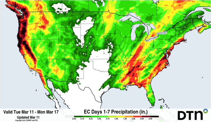 Image: Widespread precipitation is forecast across much of the country in the coming week. Source: DTN.