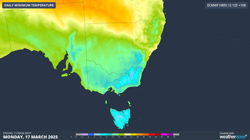 Image: Minimum temps across SE Australia on the morning of Monday, March 17. Source: Weatherzone