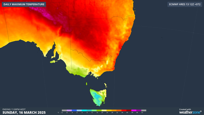 Image: Forecast maximum temperatures across southeast Australia on Sunday, March 16. Source: Weatherzone