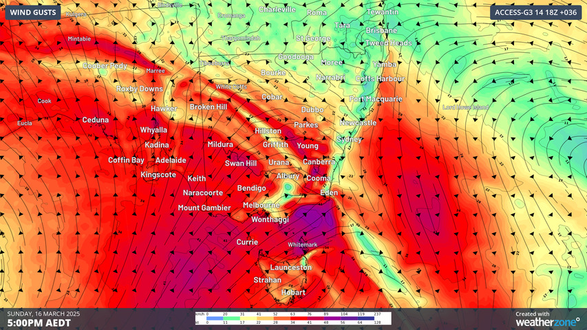 Image: Gusty winds for southeast Australia. Source: Weatherzone