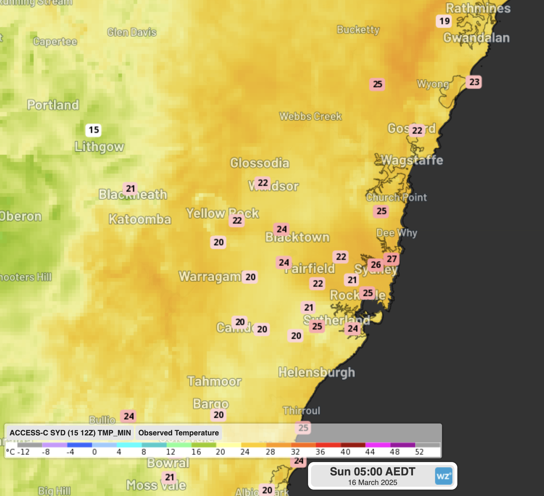 Image: Temperatures at 5am over the Sydney region. Source: Weatherzone