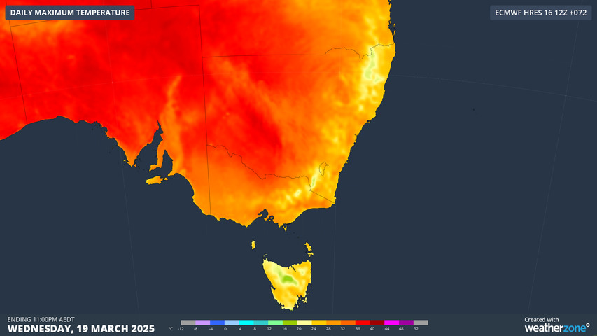 Image: By Wednesday, March 19, the mercury will again reach the 30s across a broad area. Source: Weatherzone