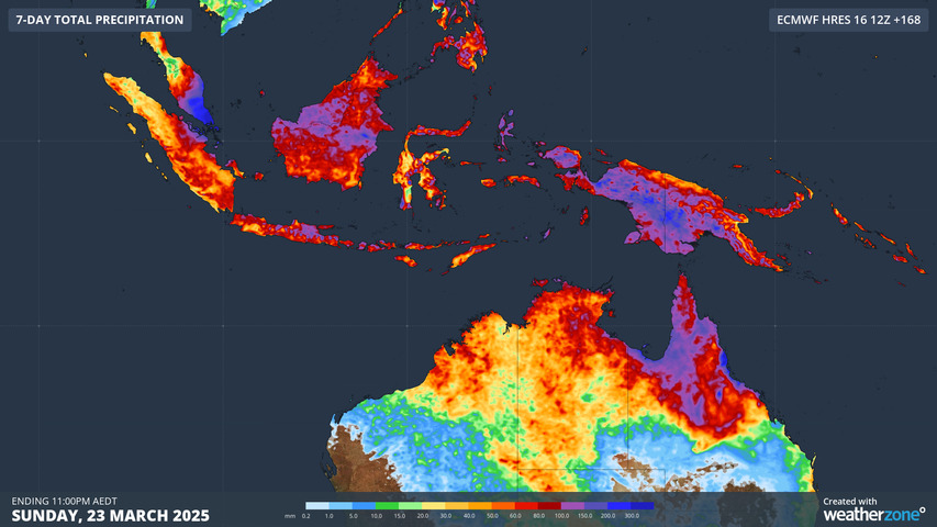 Image: Weekly rainfall forecast across northern Australia and Indonesia. Source: Weatherzone