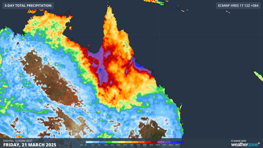 Image: Predicted Qld rainfall totals by 10am this Friday, March 21, 2025.. Source: Weatherzone