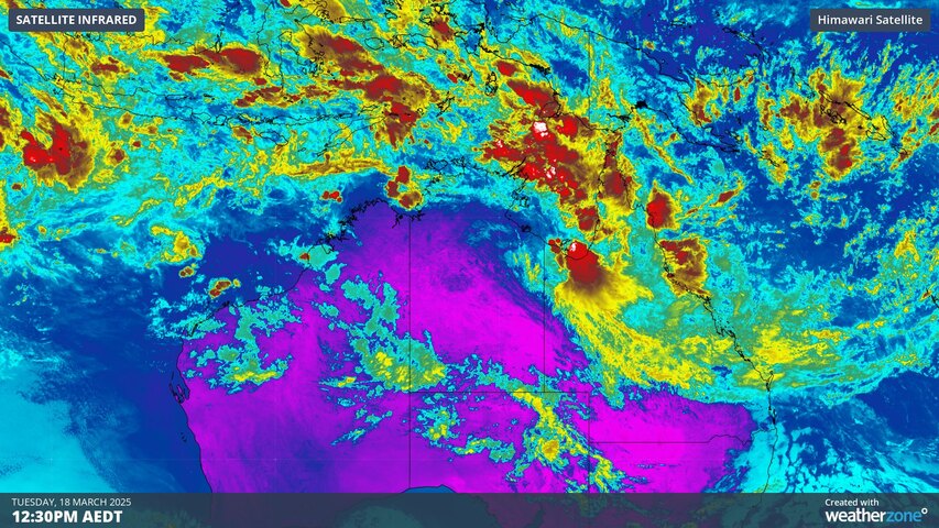 Image: Enhanced infrared satellite images showing clouds near northern Australia on Tuesday. Source: Weatherzone.