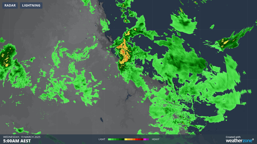 Image: Radar early on the morning of March 19, 2025, with the yellow area indicating heavy rainfall over Townsville. Source: Weatherzone