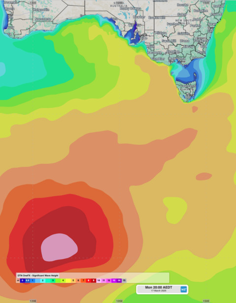 Image: DTN's OneFX Significant Wave Height forecast on Monday, March 17, afternoon.. Source: Weatherzone