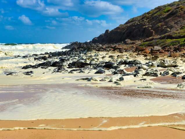 Image: Toxic seafoam piling into South Australia's Fleurieu Peninsula beaches.. Source: Andy Smyth @andysmythy / Instagram