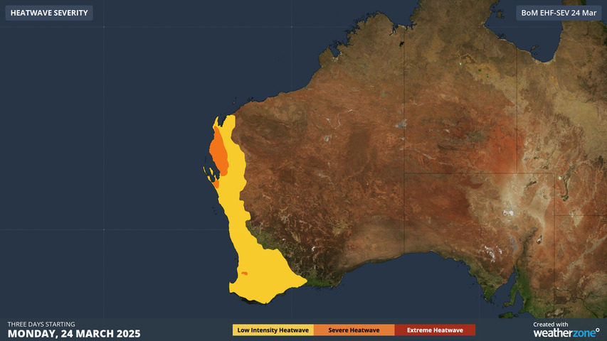 Image: Official BoM heatwave map for the three days from Monday, March 24, 2025. Source: Weatherzone