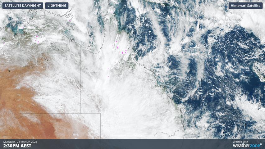 Image: Satellite image showing cloud covering Queensland at 2:30pm (AEST) on Monday, March 24. Source: Weatherzone